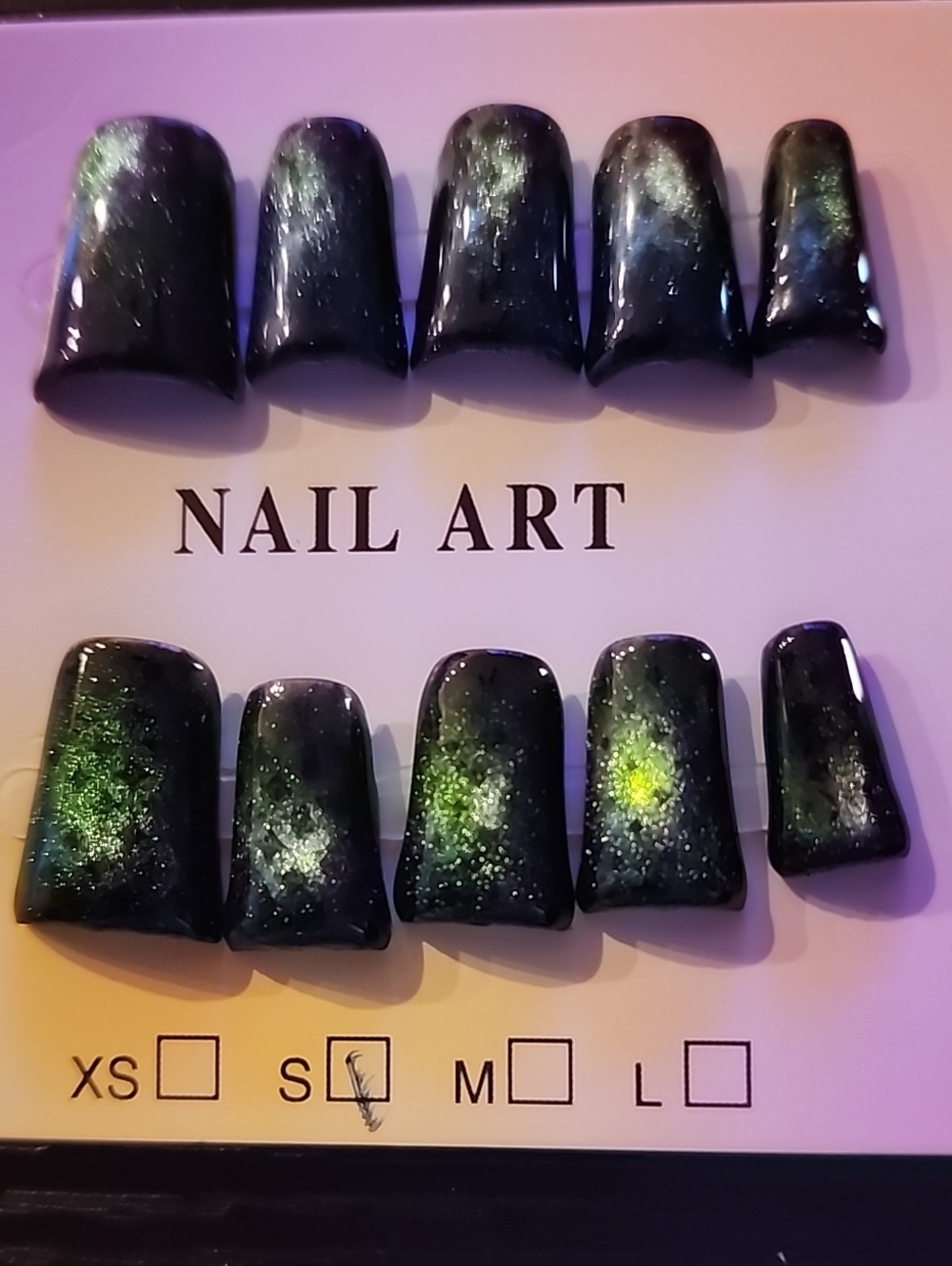 Handmade Galaxy Press-On Nails in Black and Green - Nail Art